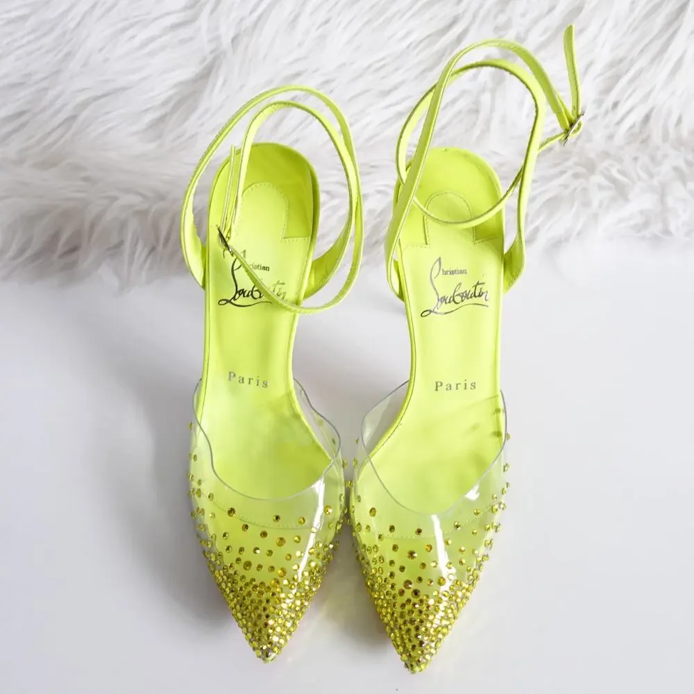 Christian Louboutin Spikaqueen 100 Crystal Neon Yellow Green Clear Pumps Size 37 - Picture 4 of 16